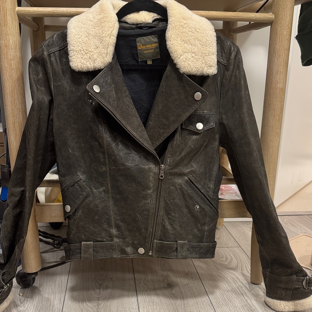 VINTAGE Women's Shearling Collar Leather Jacket Sz L